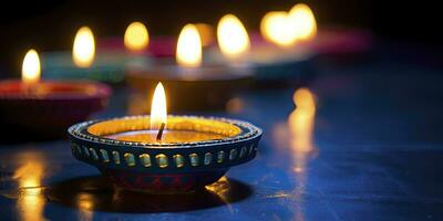 ai generato contento diwali. diya olio lampade erano illuminato durante il celebrazione. ai generato foto