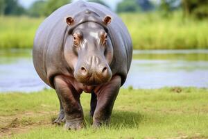 ai generato ippopotamo a piedi nel un' verde campo. ai generato foto