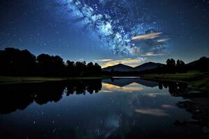 ai generato latteo modo riflessa su lago. ai generato foto