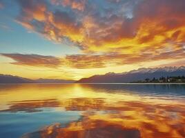 ai generato luminosa tramonto al di sopra di lago d'oro nuvole riflettere nel il acqua. ai generato. foto