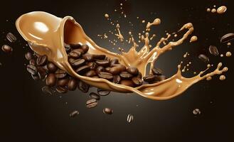 ai generato caldo liquido caffè spruzzo con caffè fagiolo cadente, 3d illustrazione. ai generato foto