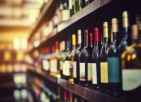 ai generato astratto sfocatura vino bottiglie su liquore alcool scaffali nel supermercato memorizzare sfondo. generativo ai foto