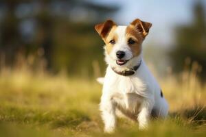 ai generato contento Jack russell terrier animale domestico cane in attesa, ascoltando nel il erba. ai generato foto