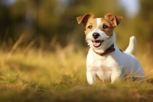 ai generato contento Jack russell terrier animale domestico cane in attesa, ascoltando nel il erba. ai generato foto