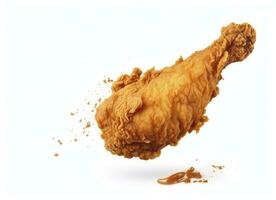 ai generato fritte pollo gamba caduta nel il aria isolato su un' bianca sfondo. ai generato. foto