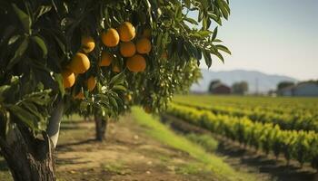 ai generato un arancia albero è nel il primo piano con un' azienda agricola campo sfondo. generativo ai foto