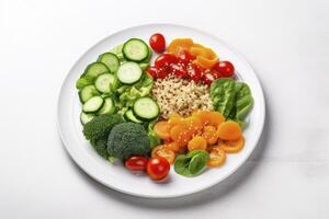 ai generato insalata con quinoa, spinaci, broccoli, pomodori, cetrioli e carote. ai generato foto