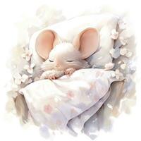 ai generato un' assonnato bambino topo nel un' biancheria da letto, acquerello illustrazione. ai generato foto