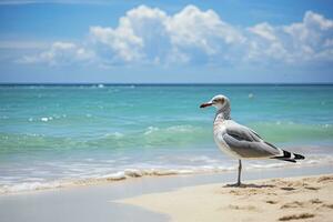 ai generato gabbiano su il spiaggia sotto blu cielo. foto