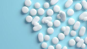ai generato superiore Visualizza bianca medicina compresse antibiotico pillole su un' morbido blu sfondo, copia spazio, farmacia tema, ai generativo foto