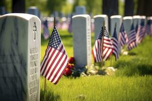 ai generato militare lapidi e lapidi decorato con bandiere per memoriale giorno. ai generato foto