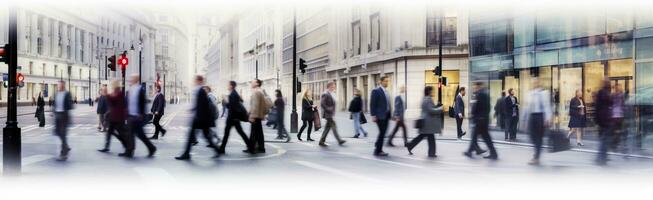 ai generato a piedi persone sfocatura. molte di persone camminare nel il città di Londra. largo panoramico Visualizza di persone attraversamento il strada. ai generato foto