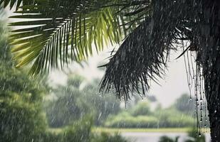 ai generato pioggia nel il tropici durante il Basso stagione o monsone stagione. gocce di pioggia nel un' giardino. generativo ai foto