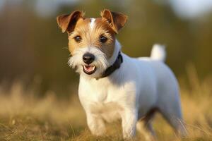 ai generato contento Jack russell terrier animale domestico cane in attesa, ascoltando nel il erba. ai generato foto