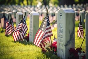 ai generato militare lapidi e lapidi decorato con bandiere per memoriale giorno. ai generato foto