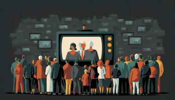 ai generato persone folla Guardando tv. tv dipendenza, propaganda e falso notizia concetto. generativo ai foto