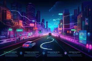 ai generato notte città con strada, macchine e raggiante luci, vettore illustrazione, illustrare un' color neon tabella di marcia e strada contro un' buio sfondo con obiettivi, ai generato foto