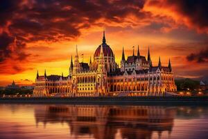 ai generato ungherese parlamento edificio nel budapest a tramonto, Ungheria, Europa, ungherese parlamento, budapest, a tramonto, ai generato foto