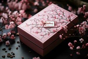 ai generato regalo scatola con ciliegia fiorire su nero tavolo, avvicinamento, un' ciliegia fiorire a tema San Valentino giorno regalo scatola, ai generato foto