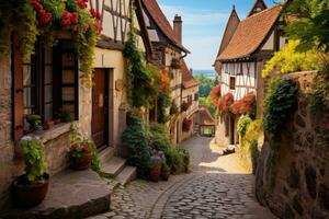 ai generato vecchio strada nel riquewihr, alsazia, Francia, un' affascinante, acciottolato europeo villaggio con luminosa, caratteristico case, ai generato foto