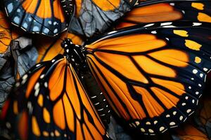 ai generato monarca farfalla avvicinamento su un' sfondo di altro farfalle, ai generato foto