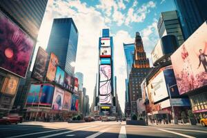 ai generato volte quadrato, In primo piano con broadway teatri e enorme numero di guidato segni, è un' simbolo di nuovo York città e il unito stati, famoso volte piazza punto di riferimento nel nuovo York centro con foto