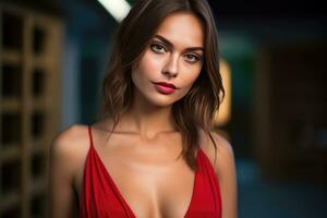 ai generato ragazza con rosso v collo vestito foto