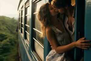 ai generato coppia sospeso su di treno e baci foto