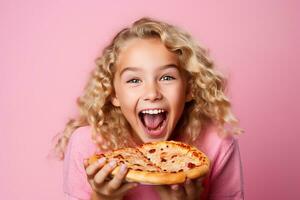 ai generato allegro ragazza con Pizza nel sua mano rosa sfondo foto