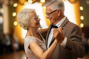 ai generato contento pensionato coppia danza su nozze foto