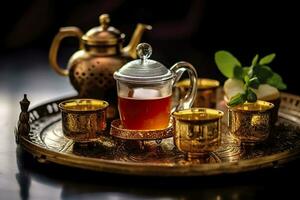 ai generato tradizionale marocchino tè impostato con decorativo teiere, occhiali, e menta le foglie. generativo ai foto