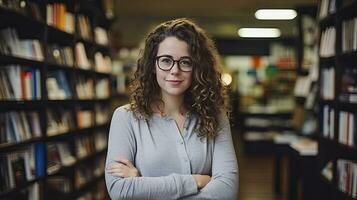 ai generato un' giovane femmina insegnante con ondulato capelli sta tra libreria scaffali, circondato di libri. foto