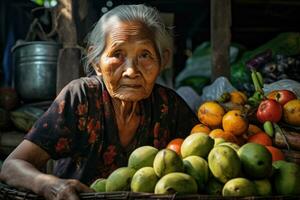 ai generato un vecchio asiatico donna vende frutta a il mercato foto