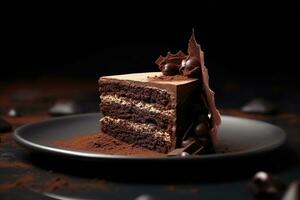 ai generato pezzo di lusso cioccolato torta su nero piatto foto