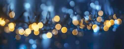 ai generato vacanza illuminazione e decorazione concetto, Natale ghirlanda bokeh luci al di sopra di buio blu sfondo. ai generato foto