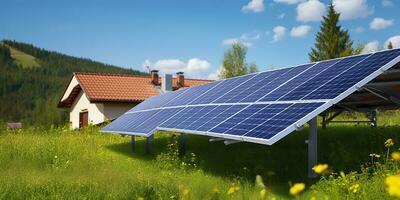 ai generato fotovoltaico solare pannelli. sostenibile energia. un' mini energia pianta per un' casa. generativo ai foto