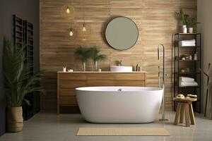 ai generato interno di elegante bagno con di legno mobiletto, lavello, vasca da bagno, e specchio. ai generato foto