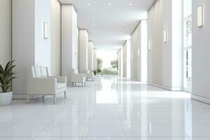 ai generato interno design di un' moderno lussuoso bianca edificio corridoio o corridoio con in attesa posto a sedere. ai generato foto