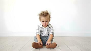ai generato triste poco ragazzo con mentale trauma seduta su pavimento. foto