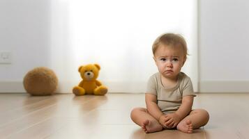 ai generato triste e pianto bambino con mentale trauma seduta su pavimento. foto