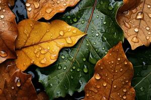 ai generato autunno le foglie con acqua gocce, avvicinamento. natura sfondo, un' umido e chiazza di petrolio struttura di bagnato foglie, ai generato foto