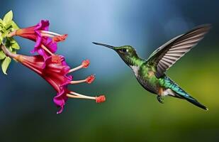 ai generato colibrì uccello volante Il prossimo per un' bellissimo rosso fiore con pioggia. ai generato foto