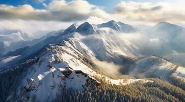 ai generato panorama di il montagne, Visualizza a partire dal il superiore di il montagna, nevoso montagna, neve coperto montagne nel inverno foto