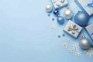 ai generato Natale vigilia concetto. superiore Visualizza foto di blu e argento palline fiocco di neve ornamenti elegante presente scatole e coriandoli. ai generato