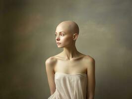 ai generato ritratto di caucasico Calvo ragazza, alopecia e cancro consapevolezza foto