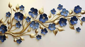 ai generato elegante oro e reale blu floreale albero con le foglie e fiori sospeso rami illustrazione sfondo. ai generato. foto