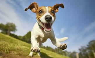 ai generato Jack russel parroco cane correre verso il telecamera Basso angolo alto velocità sparo. ai generato foto