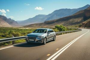 ai generato lusso auto guida su deserto autostrada foto