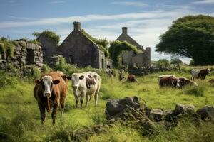 ai generato mucche pascolo nel un' campo nel il yorkshire valli, Inghilterra, Irlanda bestiame azienda agricola con mucca famiglia ritratto, ai generato foto