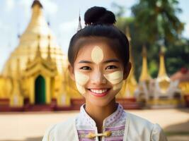 ai generato allegro birmano ragazza con un' tradizionale abbigliamento a un' tempio nel Myanmar foto